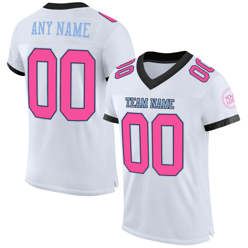 Custom White Pink Black-Light Blue Mesh Authentic Football Jersey