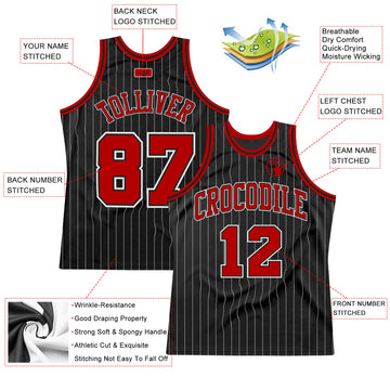 Custom Black White Pinstripe Red-White Authentic Throwback Basketball Jersey