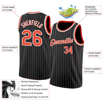 Custom Black White Pinstripe Orange-White Authentic Throwback Basketball Jersey