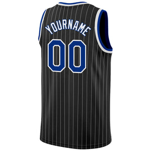 Custom Black White Pinstripe Royal-White Authentic Basketball Jersey