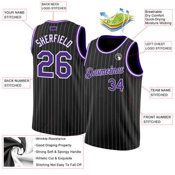 Custom Black White Pinstripe Purple-White Authentic Basketball Jersey