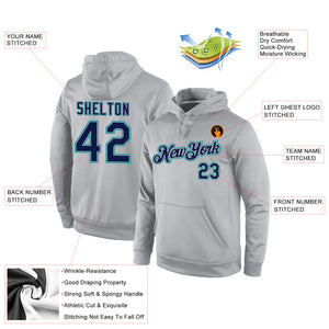 Custom Stitched Gray Navy-Aqua Sports Pullover Sweatshirt Hoodie