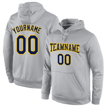 Load image into Gallery viewer, Custom Stitched Gray Navy-Gold Sports Pullover Sweatshirt Hoodie
