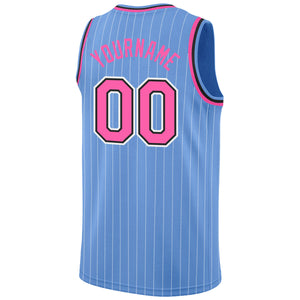 Custom Light Blue White Pinstripe Pink-Black Authentic Basketball Jersey