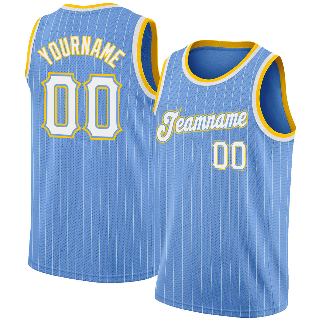 Custom Light Blue White Pinstripe White-Gold Authentic Basketball Jersey