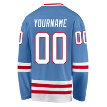 Load image into Gallery viewer, Custom Light Blue White-Red Hockey Jersey
