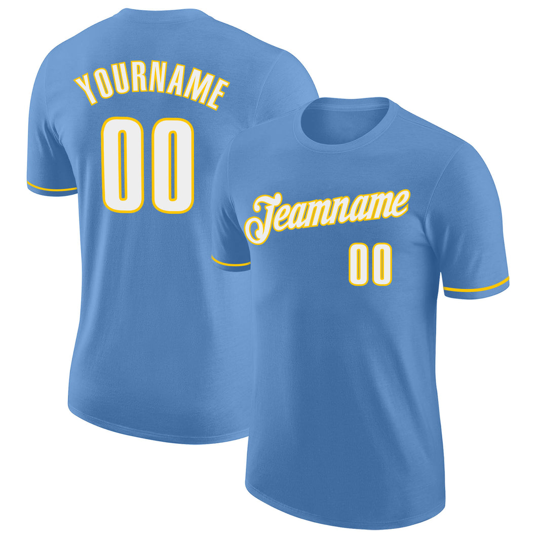 Custom Light Blue White-Gold Performance T-Shirt