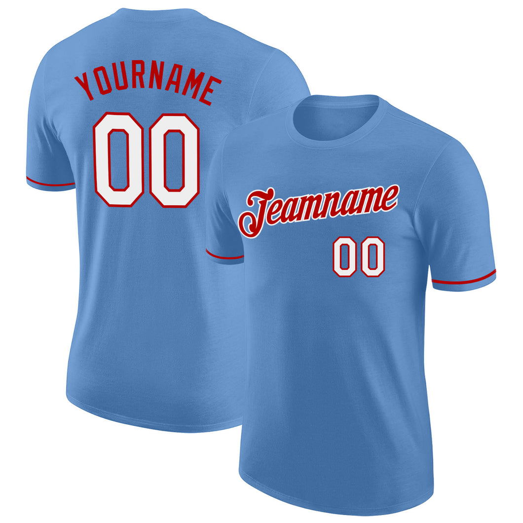 Custom Light Blue White-Red Performance T-Shirt