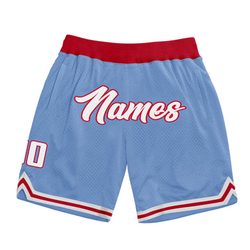 Custom Light Blue White-Red Authentic Throwback Basketball Shorts