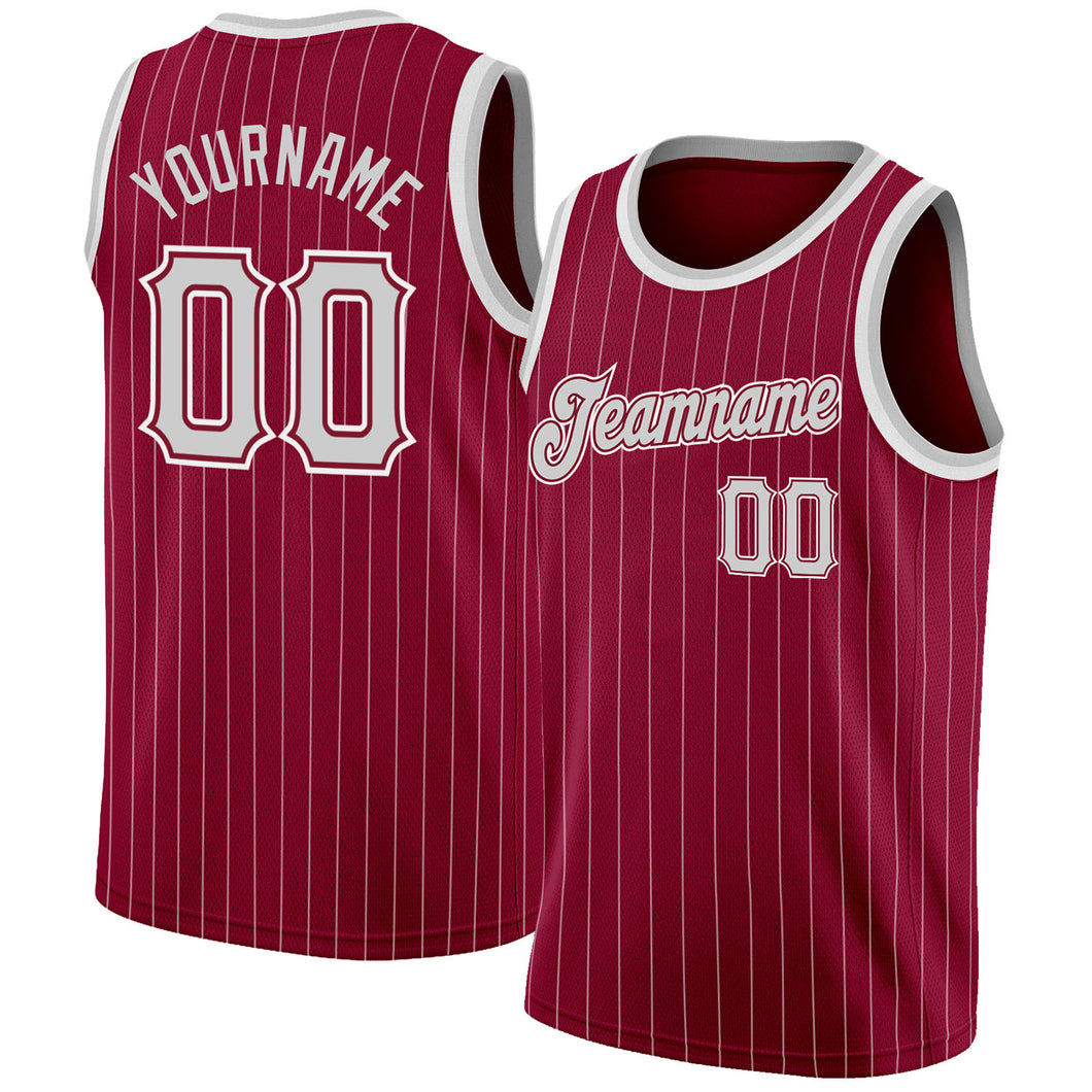 Custom Maroon White Pinstripe Gray-White Authentic Basketball Jersey