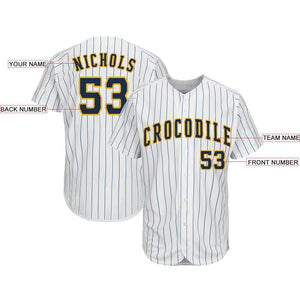 Custom White Royal Pinstripe Navy-Gold Baseball Jersey