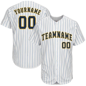 Custom White Royal Pinstripe Navy-Gold Baseball Jersey