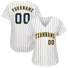 Load image into Gallery viewer, Custom White Royal Pinstripe Navy-Gold Baseball Jersey
