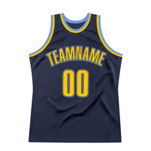 Load image into Gallery viewer, Custom Navy Gold-Light Blue Authentic Throwback Basketball Jersey
