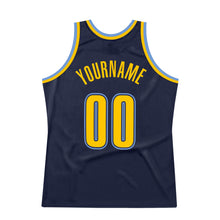 Load image into Gallery viewer, Custom Navy Gold-Light Blue Authentic Throwback Basketball Jersey
