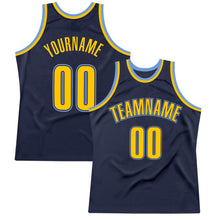 Load image into Gallery viewer, Custom Navy Gold-Light Blue Authentic Throwback Basketball Jersey
