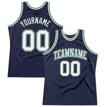 Custom Navy White-Kelly Green Authentic Throwback Basketball Jersey