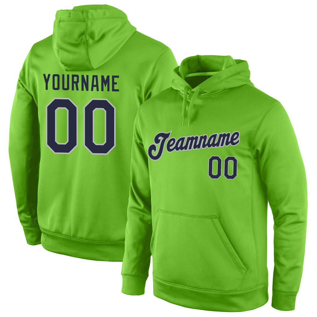 Custom Stitched Neon Green Navy-Gray Sports Pullover Sweatshirt Hoodie