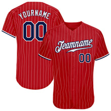 Load image into Gallery viewer, Custom Red White Pinstripe Navy-White Authentic Baseball Jersey
