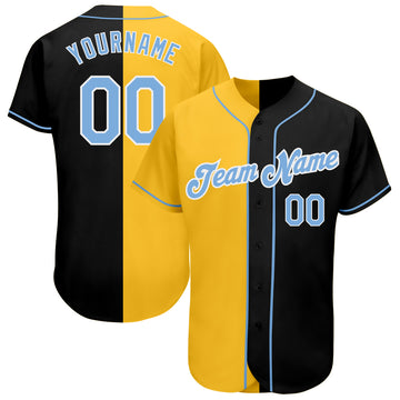 Custom Black Light Blue-Yellow Authentic Split Fashion Baseball Jersey