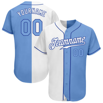 Custom White Light Blue-Royal Authentic Split Fashion Baseball Jersey