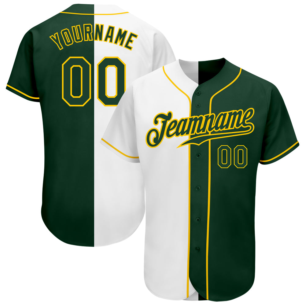 Custom White Green-Gold Authentic Split Fashion Baseball Jersey