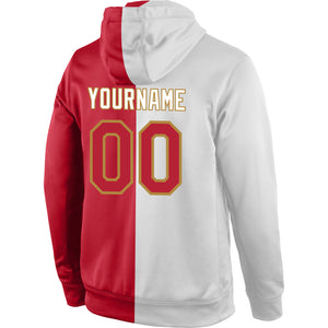 Custom Stitched White Red-Old Gold Split Fashion Sports Pullover Sweatshirt Hoodie