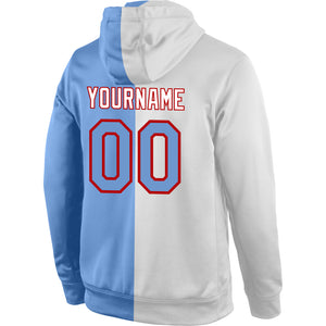 Custom Stitched White Light Blue-Red Split Fashion Sports Pullover Sweatshirt Hoodie