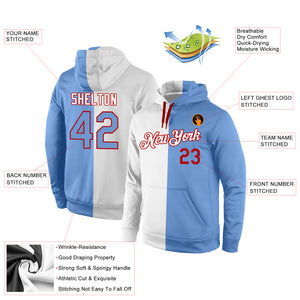 Custom Stitched White Light Blue-Red Split Fashion Sports Pullover Sweatshirt Hoodie