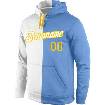 Custom Stitched White Light Blue-Gold Split Fashion Sports Pullover Sweatshirt Hoodie