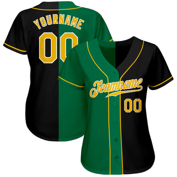 Custom Black Gold-Kelly Green Authentic Split Fashion Baseball Jersey