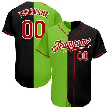 Custom Black Red-Neon Green Authentic Split Fashion Baseball Jersey