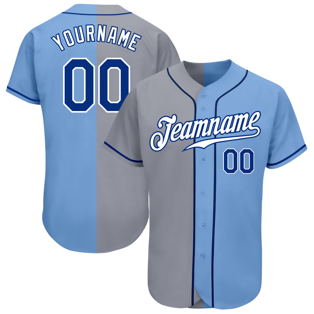 Custom Light Blue Royal-Gray Authentic Split Fashion Baseball Jersey