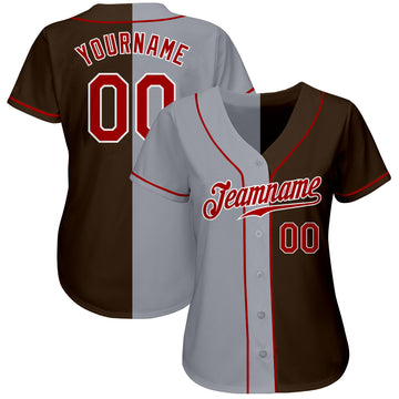 Custom Brown Red-Gray Authentic Split Fashion Baseball Jersey