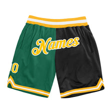 Load image into Gallery viewer, Custom Kelly Green Gold-Black Authentic Throwback Split Fashion Basketball Shorts
