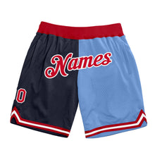 Load image into Gallery viewer, Custom Navy Red-Light Blue Authentic Throwback Split Fashion Basketball Shorts
