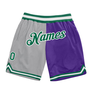 Custom Gray Kelly Green-Purple Authentic Throwback Split Fashion Basketball Shorts