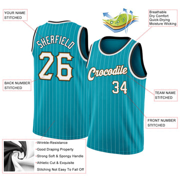 Custom Teal White Pinstripe White-Old Gold Authentic Throwback Basketball Jersey