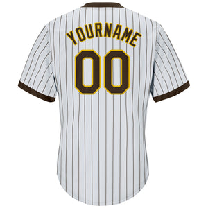 Custom White Brown Pinstripe Brown-Gold Authentic Throwback Rib-Knit Baseball Jersey Shirt