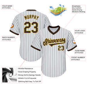 Custom White Brown Pinstripe Brown-Gold Authentic Throwback Rib-Knit Baseball Jersey Shirt