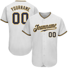 Load image into Gallery viewer, Custom White Navy-Gold Authentic Baseball Jersey
