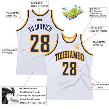 Custom White Navy-Gold Authentic Throwback Basketball Jersey