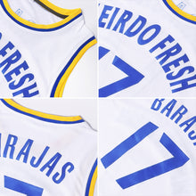 Load image into Gallery viewer, Custom White Royal-Gold Authentic Throwback Basketball Jersey
