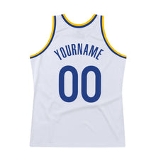 Load image into Gallery viewer, Custom White Royal-Gold Authentic Throwback Basketball Jersey
