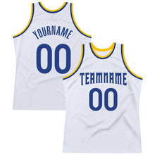 Load image into Gallery viewer, Custom White Royal-Gold Authentic Throwback Basketball Jersey
