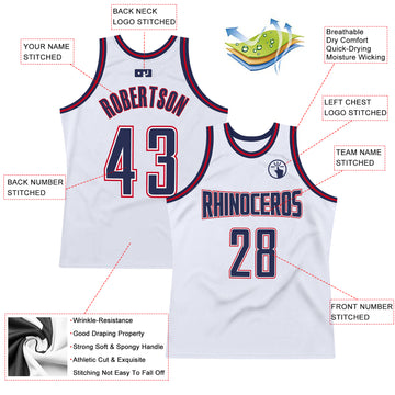 Custom White Navy-Red Authentic Throwback Basketball Jersey