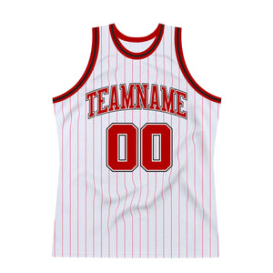 Custom White Red Pinstripe Red-Black Authentic Throwback Basketball Jersey