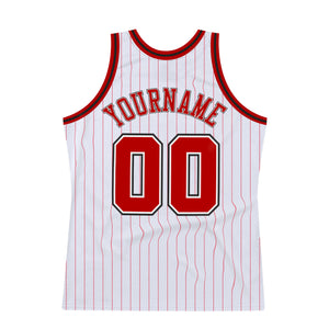 Custom White Red Pinstripe Red-Black Authentic Throwback Basketball Jersey