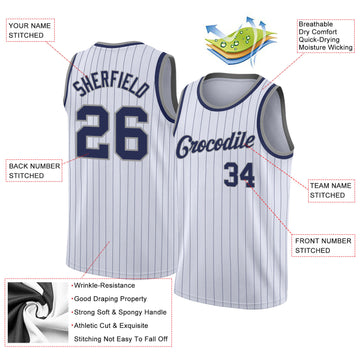 Custom White Navy Pinstripe Navy-Gray Authentic Throwback Basketball Jersey