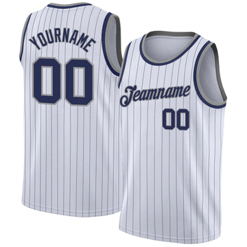 Custom White Navy Pinstripe Navy-Gray Authentic Throwback Basketball Jersey